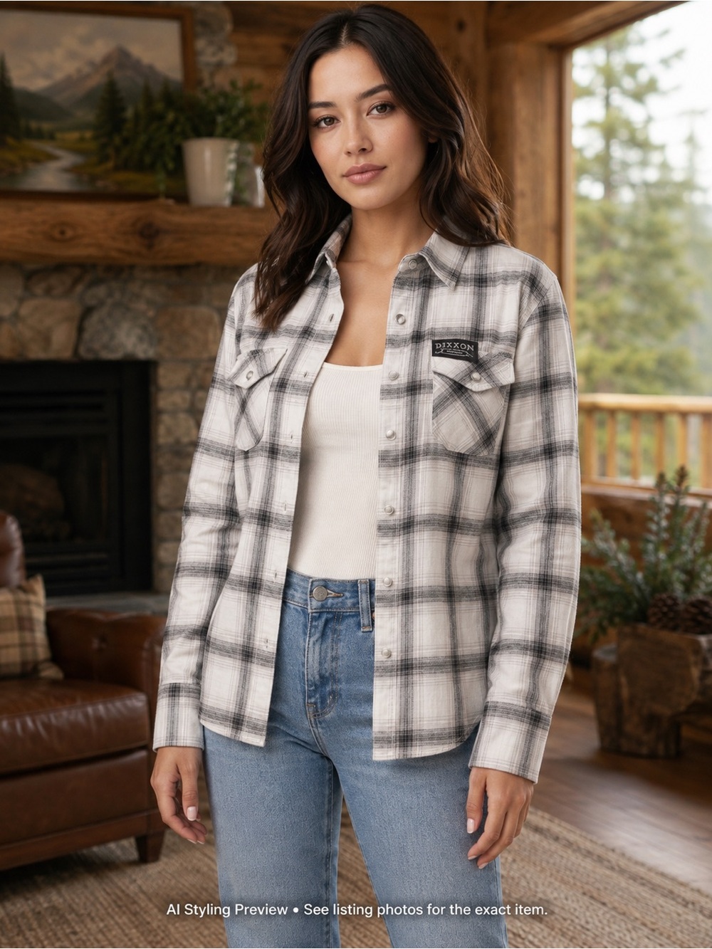 Dixxon Women’s XS S Grey Cream Plaid Flannel Snap Button Shirt Cabin Core